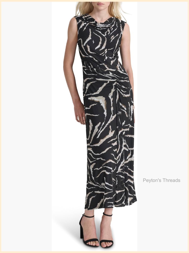 Sleeveless Cowl Neck Mesh Ruched Bodice Maxi Dress